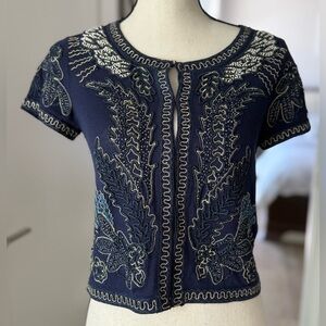 Embroidered Beaded Navy Boho Crop Top Artisan Festival Blouse